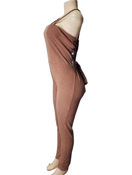 Brown jumpsuit on a mannequin against a white background