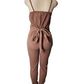 Brown ribbed jumpsuit on a mannequin against a white background