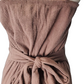 Brown ribbed knit dress with a tie waist on a mannequin against a white background
