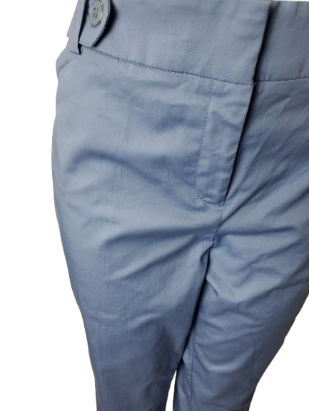 Close-up of light blue capri pants on a white background