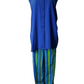 Blue sleeveless top and striped pants on a mannequin against a white background