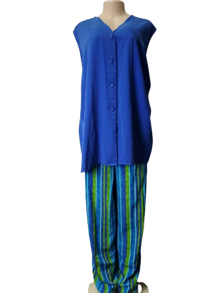 Blue sleeveless top and striped pants on a mannequin against a white background