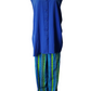 Blue sleeveless top and striped pants on a mannequin against a white background
