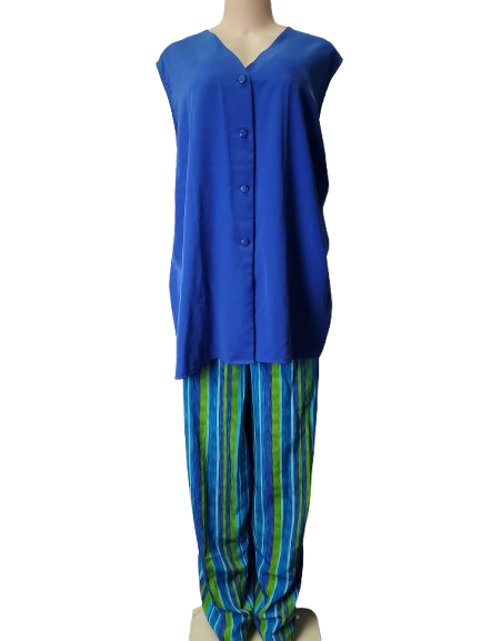Blue sleeveless top and striped pants on a mannequin against a white background