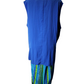 Blue sleeveless top with striped pants on a mannequin against a white background