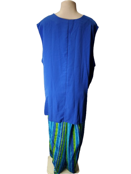 Blue sleeveless top with striped pants on a mannequin against a white background