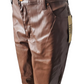 Brown leather pants with a visible brand tag on a white background