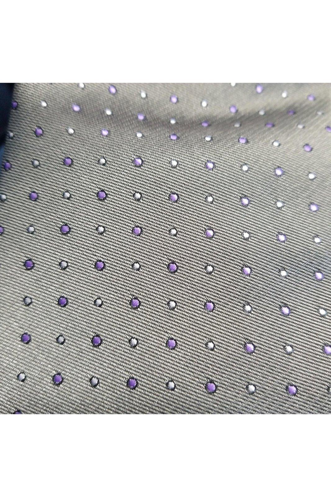 Angelino men's gray and purple polka dot tie and scarf