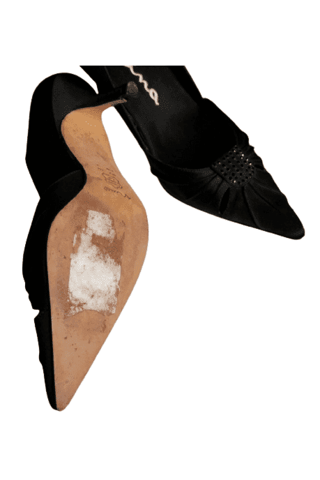 Black satin Nina, pointy, 3 inch heels with rhinestones sz 6M