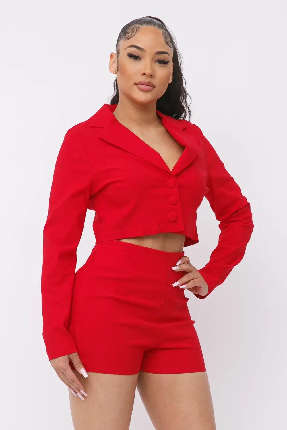 Functional Button Down Cropped Blazer And Shorts Set- Red - Solé Resale Boutique thrift