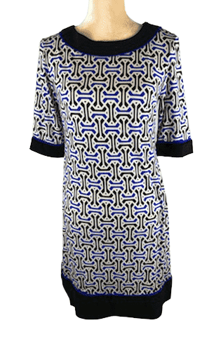 Black/blue/white, geometric, 3/4 sleeve dress