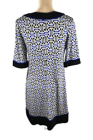Black/blue/white, geometric, 3/4 sleeve dress