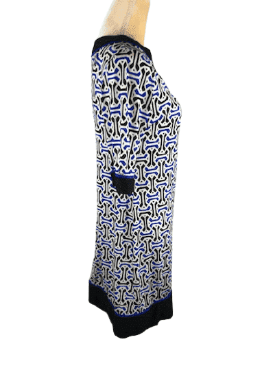 Black/blue/white, geometric, 3/4 sleeve dress