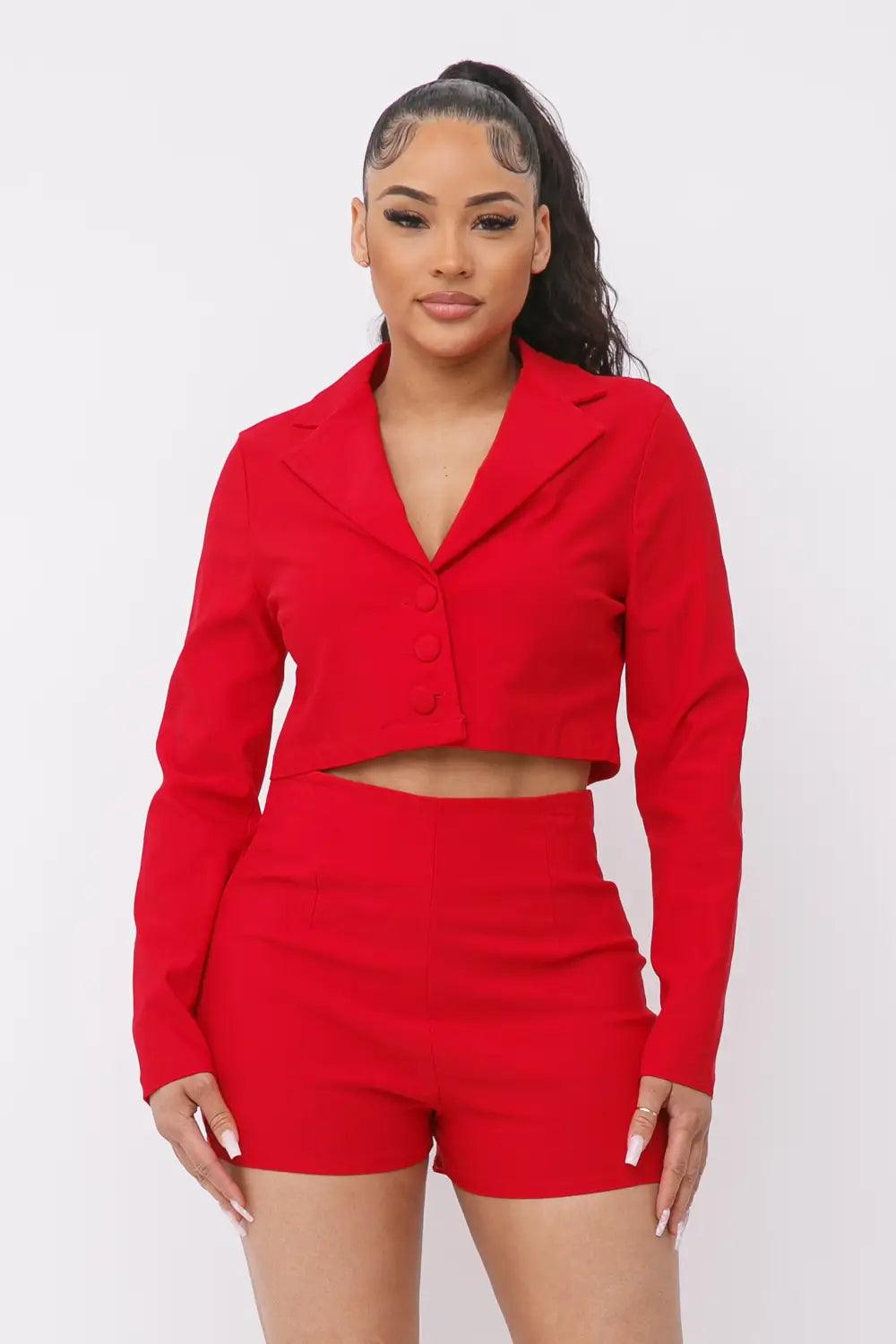 Functional Button Down Cropped Blazer And Shorts Set- Red - Solé Resale Boutique thrift